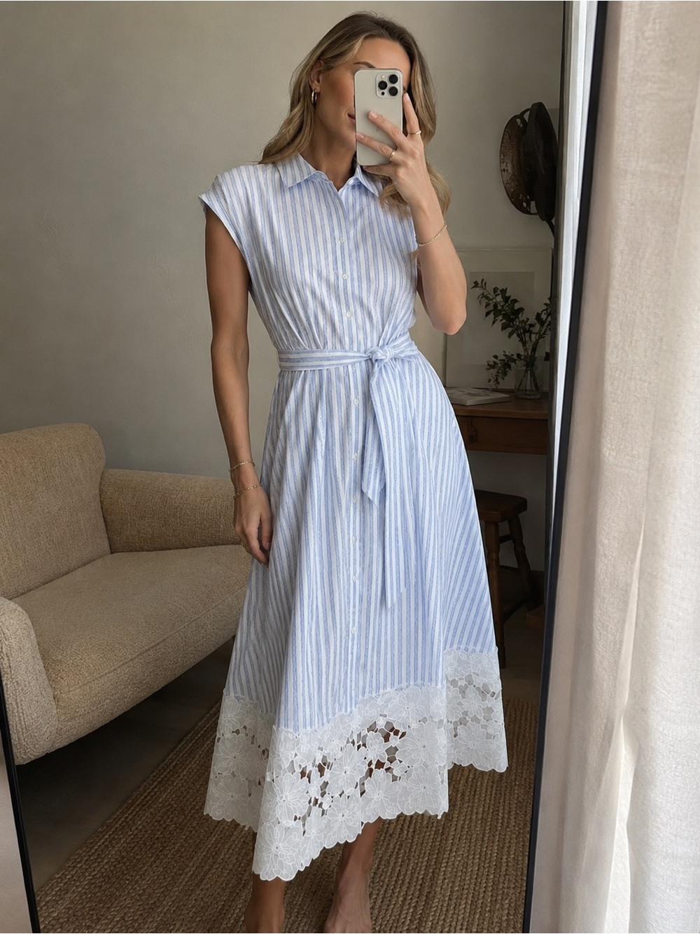 Ellen Tracy Coastal Stripe Shirt Dress Floral Lace Hem Blue White XS